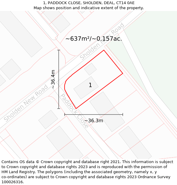 1, PADDOCK CLOSE, SHOLDEN, DEAL, CT14 0AE: Plot and title map