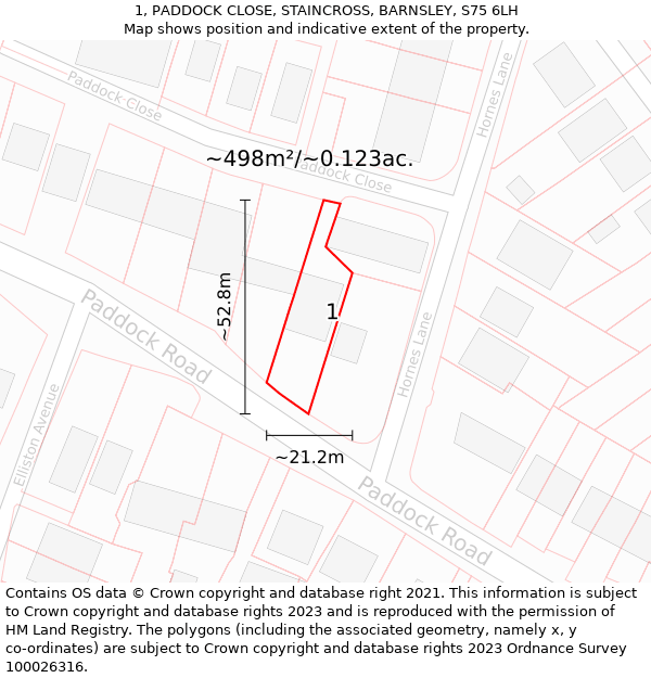 1, PADDOCK CLOSE, STAINCROSS, BARNSLEY, S75 6LH: Plot and title map