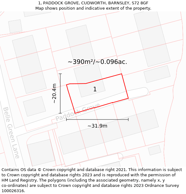 1, PADDOCK GROVE, CUDWORTH, BARNSLEY, S72 8GF: Plot and title map