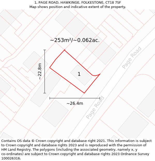 1, PAGE ROAD, HAWKINGE, FOLKESTONE, CT18 7SF: Plot and title map