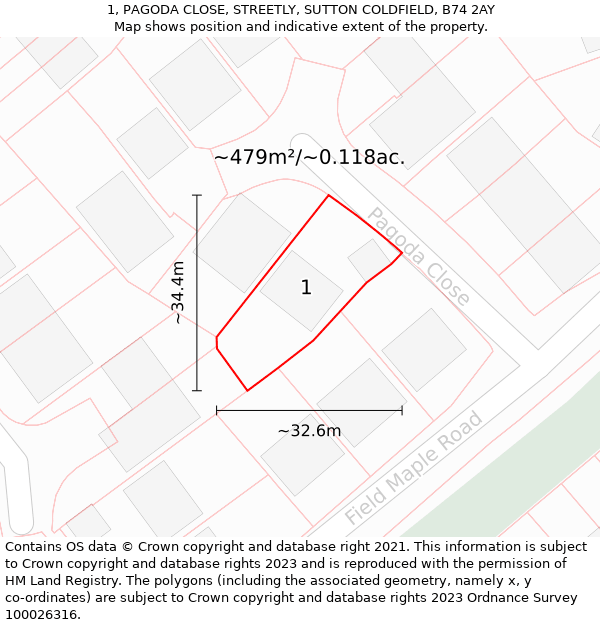 1, PAGODA CLOSE, STREETLY, SUTTON COLDFIELD, B74 2AY: Plot and title map