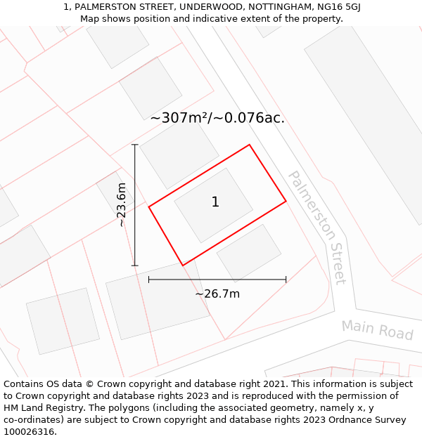 1, PALMERSTON STREET, UNDERWOOD, NOTTINGHAM, NG16 5GJ: Plot and title map
