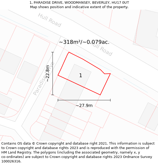 1, PARADISE DRIVE, WOODMANSEY, BEVERLEY, HU17 0UT: Plot and title map