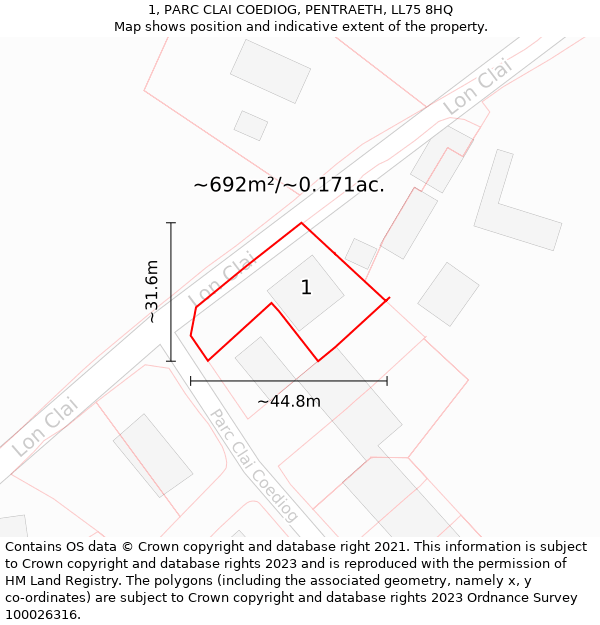 1, PARC CLAI COEDIOG, PENTRAETH, LL75 8HQ: Plot and title map