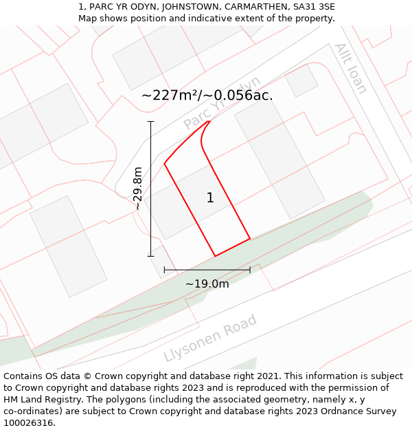 1, PARC YR ODYN, JOHNSTOWN, CARMARTHEN, SA31 3SE: Plot and title map