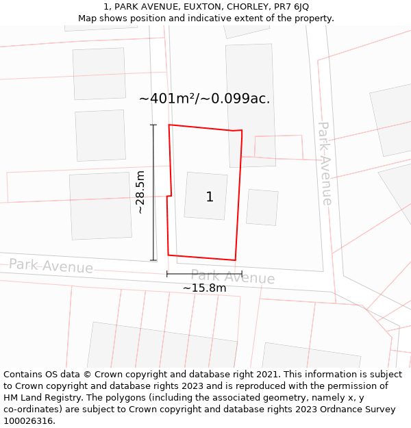 1, PARK AVENUE, EUXTON, CHORLEY, PR7 6JQ: Plot and title map