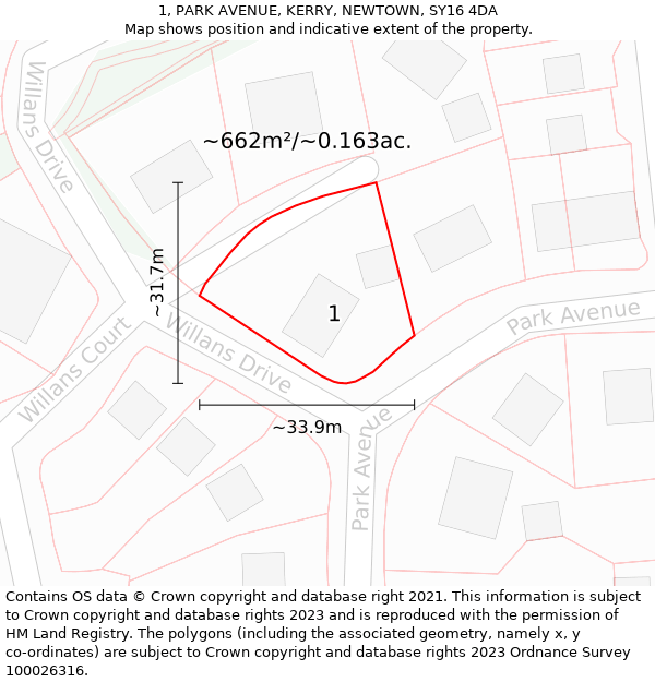 1, PARK AVENUE, KERRY, NEWTOWN, SY16 4DA: Plot and title map