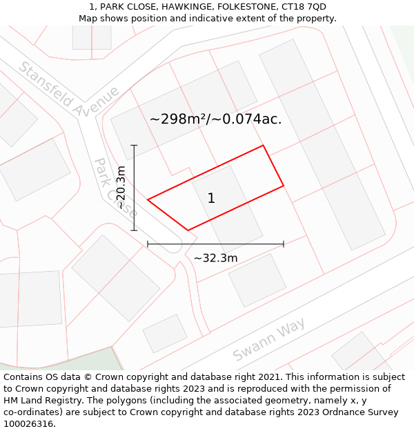 1, PARK CLOSE, HAWKINGE, FOLKESTONE, CT18 7QD: Plot and title map