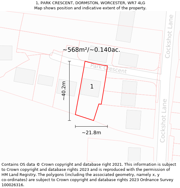 1, PARK CRESCENT, DORMSTON, WORCESTER, WR7 4LG: Plot and title map