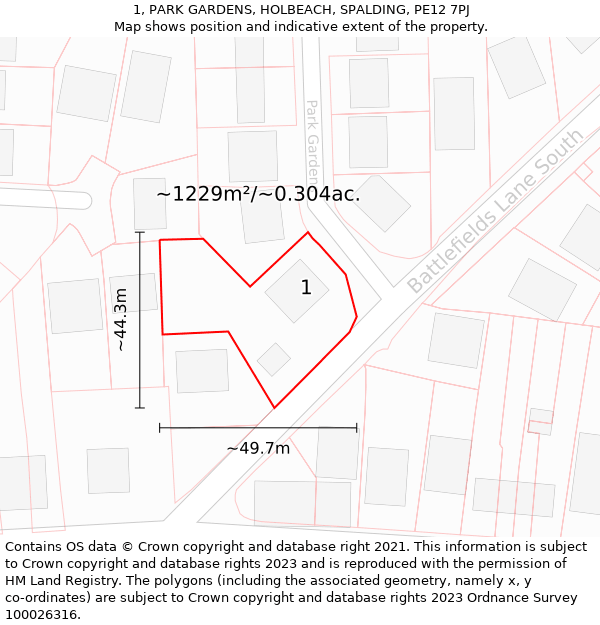 1, PARK GARDENS, HOLBEACH, SPALDING, PE12 7PJ: Plot and title map