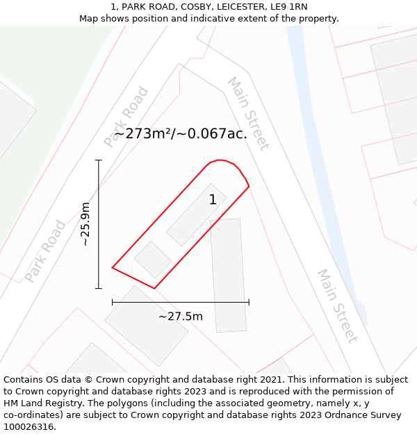 1, PARK ROAD, COSBY, LEICESTER, LE9 1RN: Plot and title map