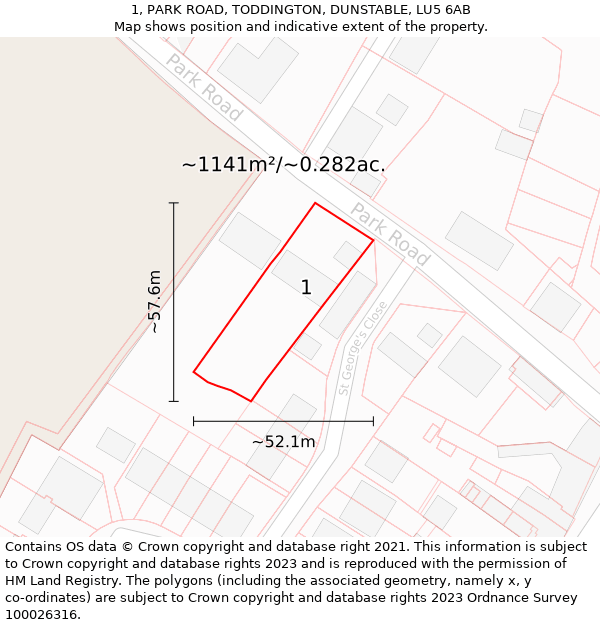 1, PARK ROAD, TODDINGTON, DUNSTABLE, LU5 6AB: Plot and title map