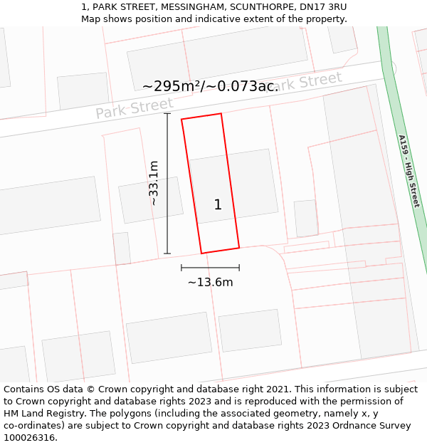 1, PARK STREET, MESSINGHAM, SCUNTHORPE, DN17 3RU: Plot and title map