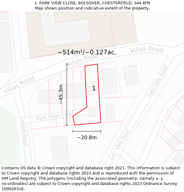 1, PARK VIEW CLOSE, BOLSOVER, CHESTERFIELD, S44 6FN: Plot and title map