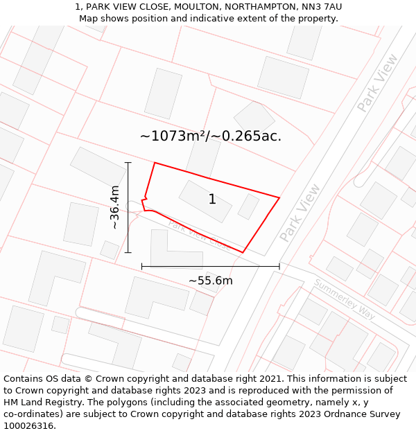 1, PARK VIEW CLOSE, MOULTON, NORTHAMPTON, NN3 7AU: Plot and title map