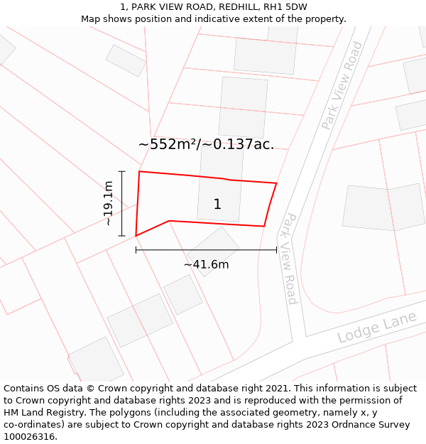 1, PARK VIEW ROAD, REDHILL, RH1 5DW: Plot and title map