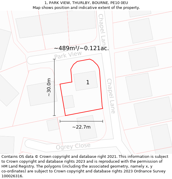 1, PARK VIEW, THURLBY, BOURNE, PE10 0EU: Plot and title map