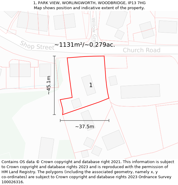 1, PARK VIEW, WORLINGWORTH, WOODBRIDGE, IP13 7HG: Plot and title map