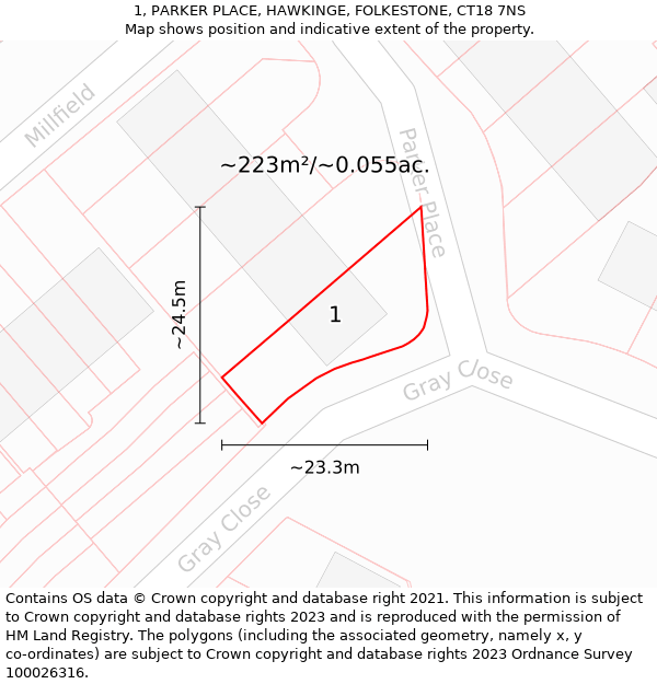 1, PARKER PLACE, HAWKINGE, FOLKESTONE, CT18 7NS: Plot and title map