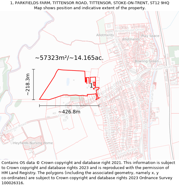 1, PARKFIELDS FARM, TITTENSOR ROAD, TITTENSOR, STOKE-ON-TRENT, ST12 9HQ: Plot and title map