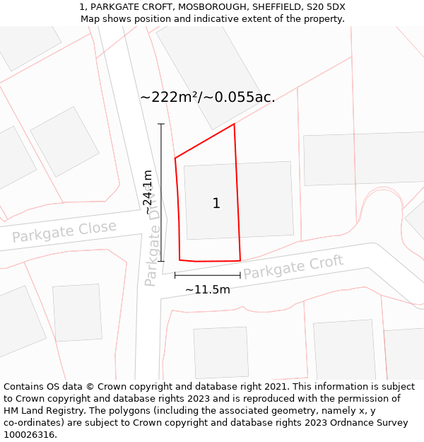 1, PARKGATE CROFT, MOSBOROUGH, SHEFFIELD, S20 5DX: Plot and title map