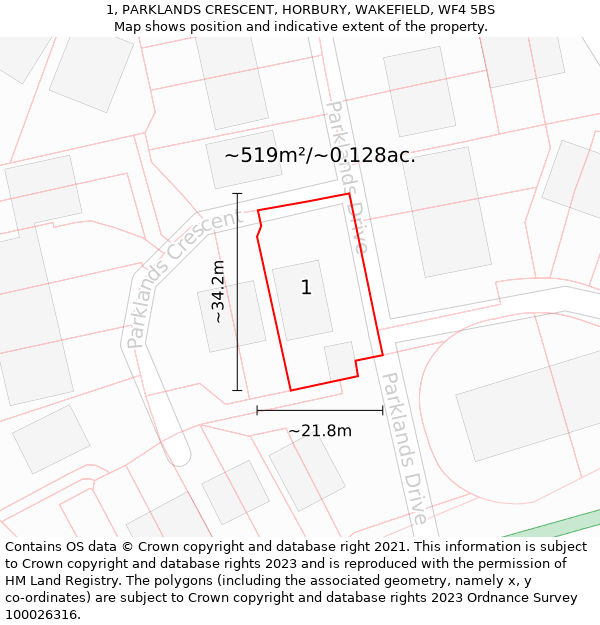 1, PARKLANDS CRESCENT, HORBURY, WAKEFIELD, WF4 5BS: Plot and title map