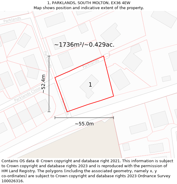 1, PARKLANDS, SOUTH MOLTON, EX36 4EW: Plot and title map