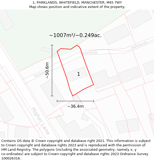 1, PARKLANDS, WHITEFIELD, MANCHESTER, M45 7WY: Plot and title map