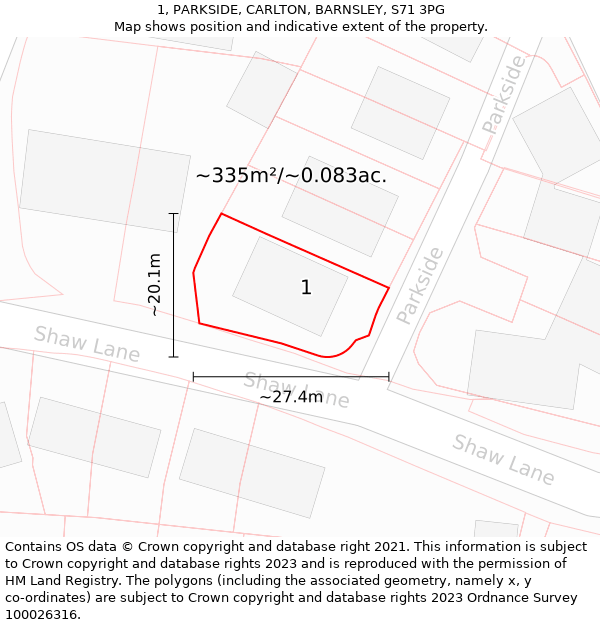 1, PARKSIDE, CARLTON, BARNSLEY, S71 3PG: Plot and title map