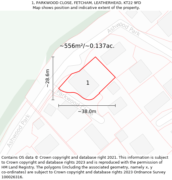 1, PARKWOOD CLOSE, FETCHAM, LEATHERHEAD, KT22 9FD: Plot and title map