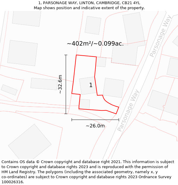 1, PARSONAGE WAY, LINTON, CAMBRIDGE, CB21 4YL: Plot and title map