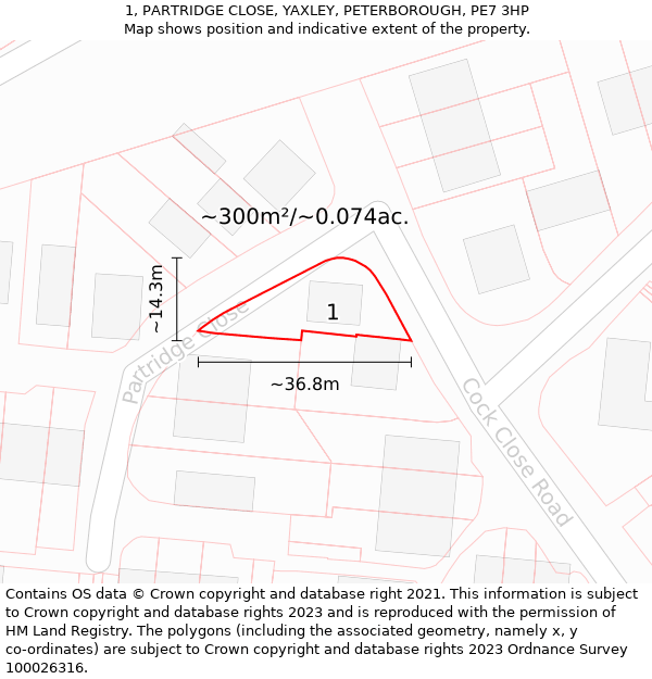 1, PARTRIDGE CLOSE, YAXLEY, PETERBOROUGH, PE7 3HP: Plot and title map