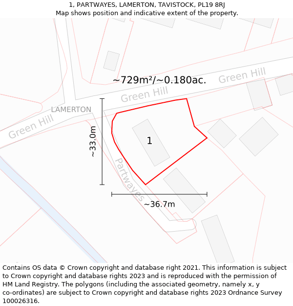 1, PARTWAYES, LAMERTON, TAVISTOCK, PL19 8RJ: Plot and title map