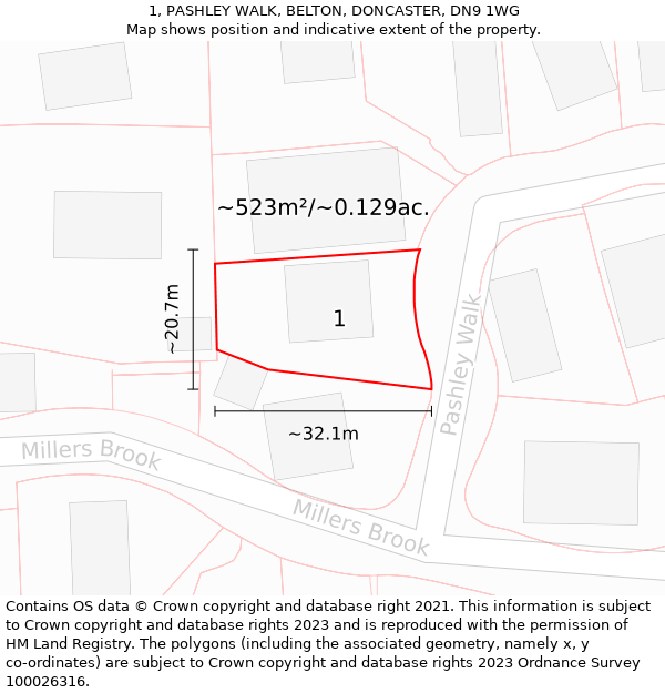 1, PASHLEY WALK, BELTON, DONCASTER, DN9 1WG: Plot and title map