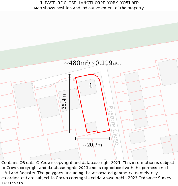 1, PASTURE CLOSE, LANGTHORPE, YORK, YO51 9FP: Plot and title map