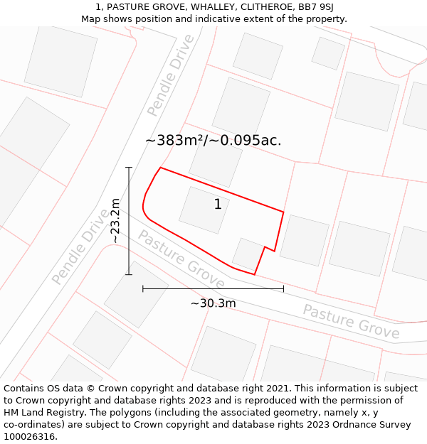 1, PASTURE GROVE, WHALLEY, CLITHEROE, BB7 9SJ: Plot and title map
