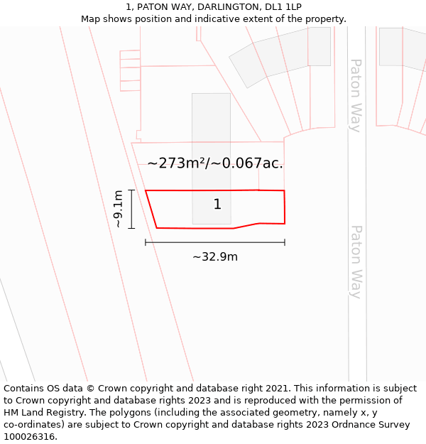 1, PATON WAY, DARLINGTON, DL1 1LP: Plot and title map