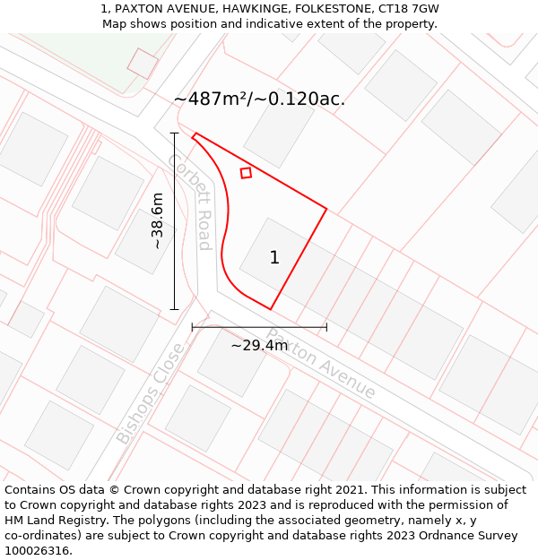 1, PAXTON AVENUE, HAWKINGE, FOLKESTONE, CT18 7GW: Plot and title map