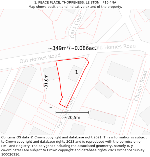 1, PEACE PLACE, THORPENESS, LEISTON, IP16 4NA: Plot and title map