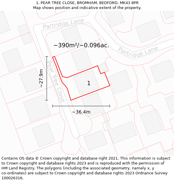 1, PEAR TREE CLOSE, BROMHAM, BEDFORD, MK43 8PR: Plot and title map