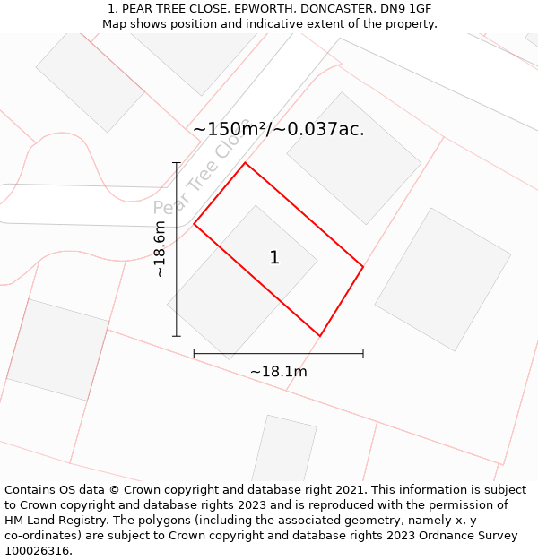 1, PEAR TREE CLOSE, EPWORTH, DONCASTER, DN9 1GF: Plot and title map