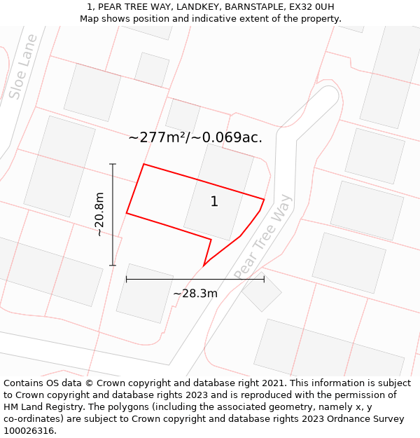 1, PEAR TREE WAY, LANDKEY, BARNSTAPLE, EX32 0UH: Plot and title map