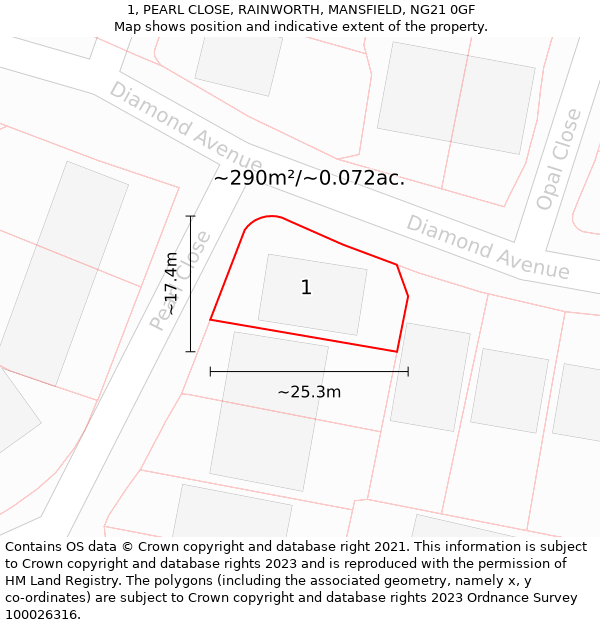 1, PEARL CLOSE, RAINWORTH, MANSFIELD, NG21 0GF: Plot and title map