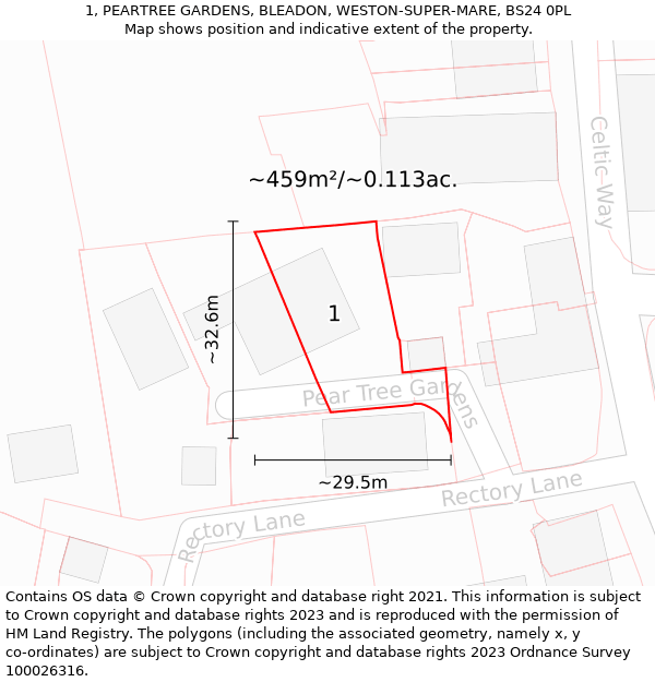 1, PEARTREE GARDENS, BLEADON, WESTON-SUPER-MARE, BS24 0PL: Plot and title map
