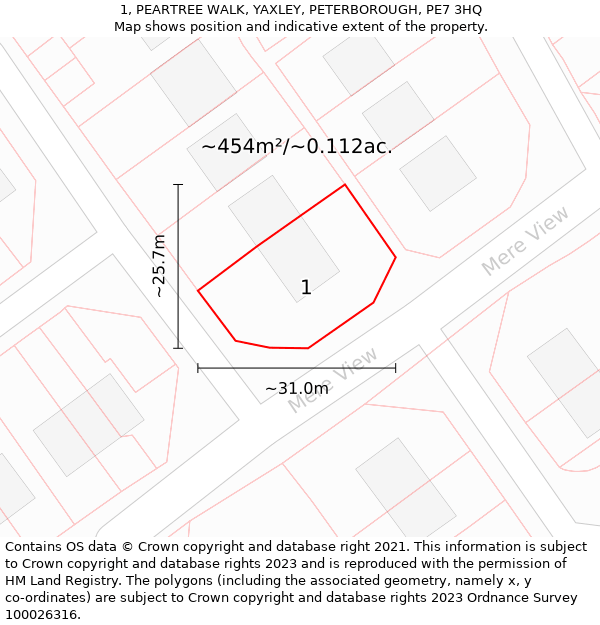 1, PEARTREE WALK, YAXLEY, PETERBOROUGH, PE7 3HQ: Plot and title map