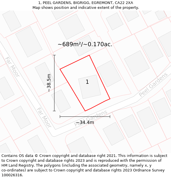 1, PEEL GARDENS, BIGRIGG, EGREMONT, CA22 2XA: Plot and title map