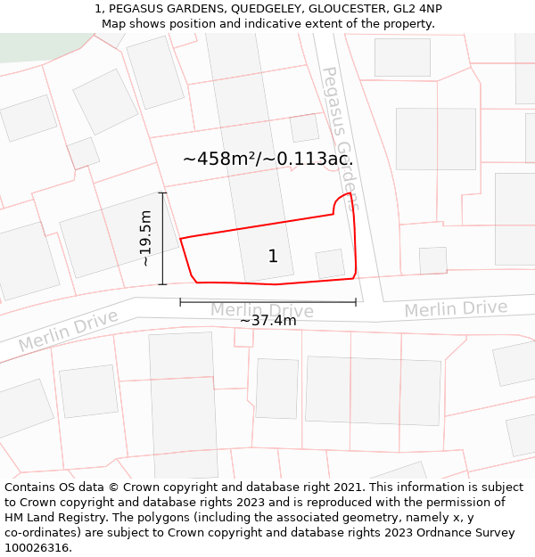 1, PEGASUS GARDENS, QUEDGELEY, GLOUCESTER, GL2 4NP: Plot and title map