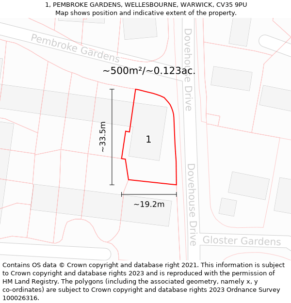 1, PEMBROKE GARDENS, WELLESBOURNE, WARWICK, CV35 9PU: Plot and title map