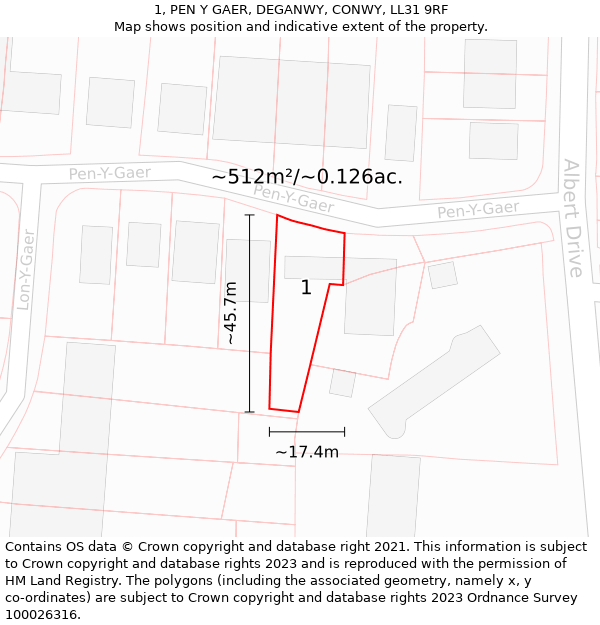 1, PEN Y GAER, DEGANWY, CONWY, LL31 9RF: Plot and title map