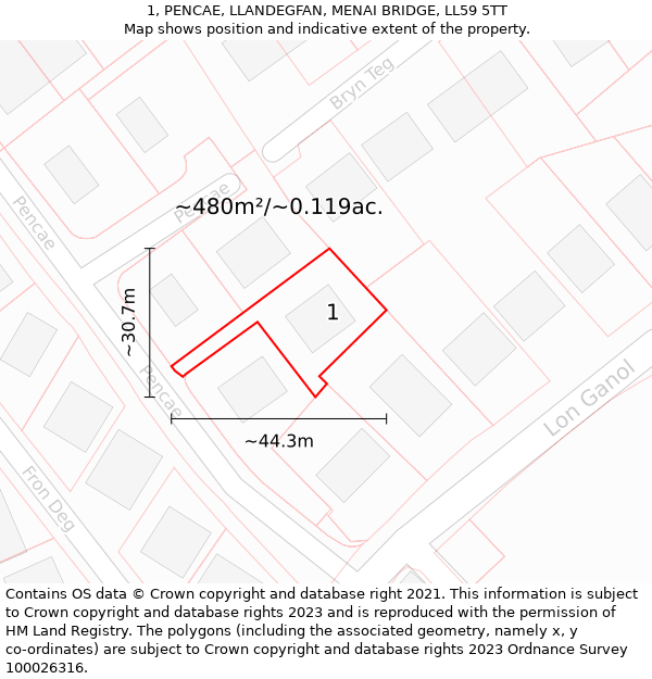 1, PENCAE, LLANDEGFAN, MENAI BRIDGE, LL59 5TT: Plot and title map